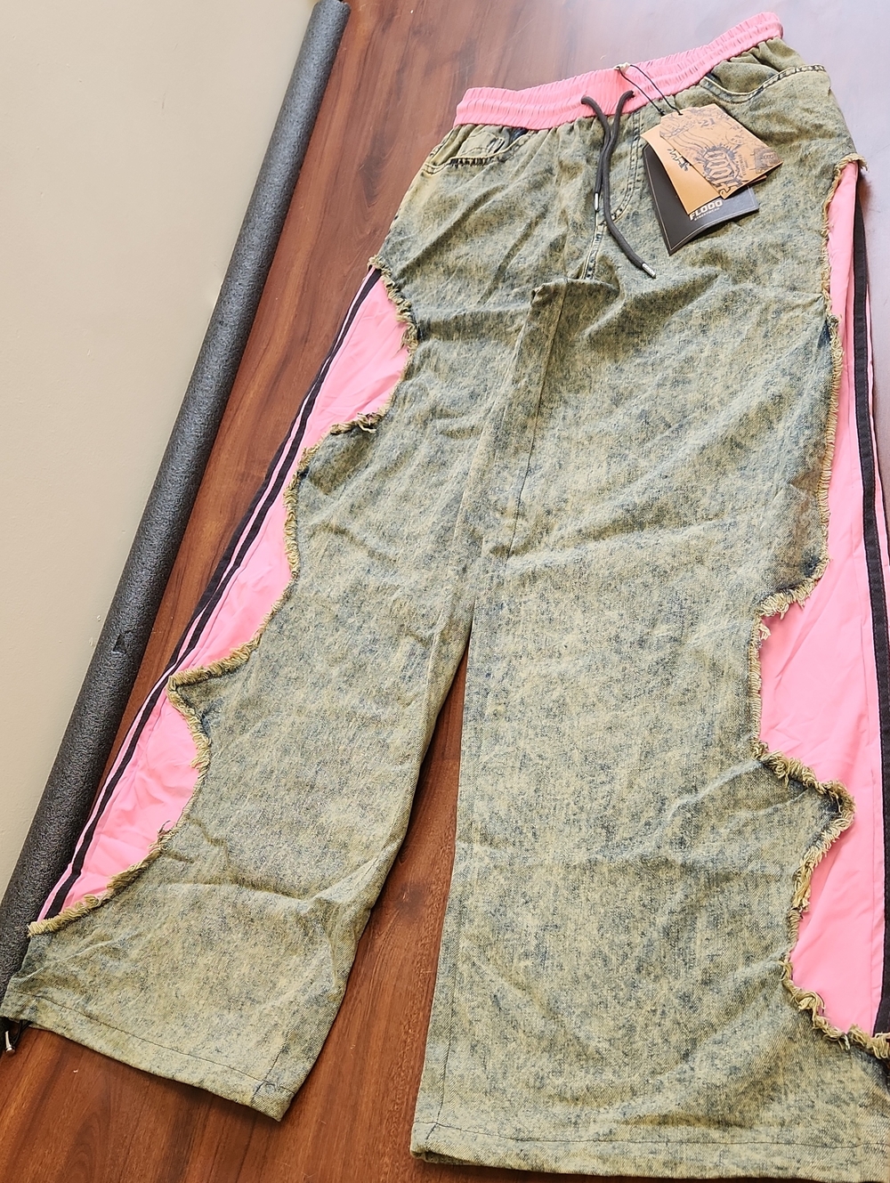 Denim/Track MIX Two-Tone Wide Leg Jeans with Pink Trim